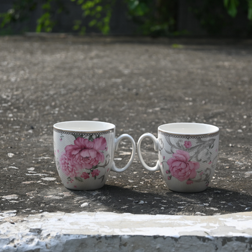 White & Pink Floral Print Set of 6 Bone China Mugs - 230 ML
