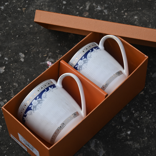 White & Royal Blue Print Set of 2 Bone China Mugs - 400 ML