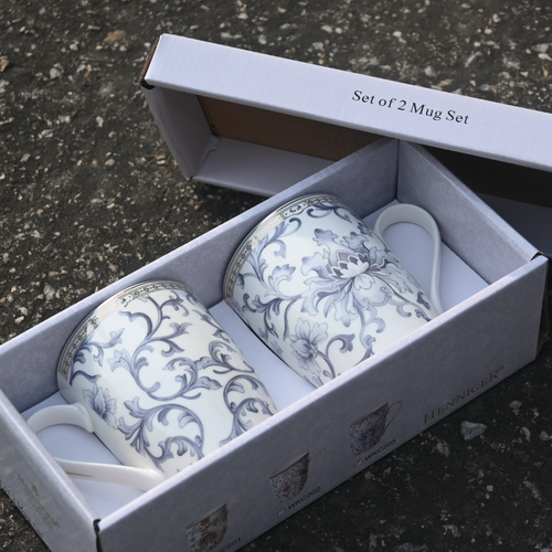 Grey Floral Set of 2 Bone China Mugs - 400ML