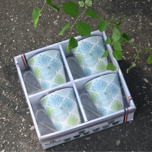 Blue & Green Floral Print Set of 4 Bone China Mugs - 400 ML