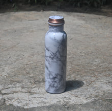 Load image into Gallery viewer, White &amp; Black Enamel Printed Copper Bottle with Coconut Cleaning Brush &amp; Pitambari (1 Litre)