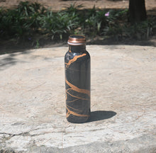 Load image into Gallery viewer, Black Enamel Printed Copper Bottle with Coconut Cleaning Brush &amp; Pitambari (1 Litre)