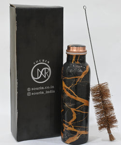 Black Enamel Printed Copper Bottle with Coconut Cleaning Brush & Pitambari (1 Litre)