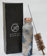 Load image into Gallery viewer, Blue Enamel Printed Copper Bottle with Coconut Cleaning Brush &amp; Pitambari (1 Litre)