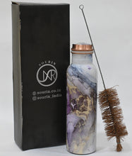 Load image into Gallery viewer, Pink &amp; White Enamel Printed Copper Bottle with Coconut Cleaning Brush &amp; Pitambari (1 Litre)