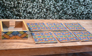 Multicolor Mandala MDF Printed Coaster Set With Holder