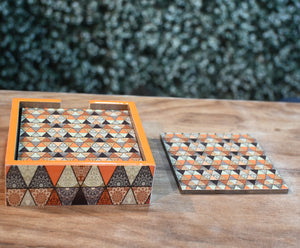 Orange & Black Mandala MDF Printed Coaster Set With Holder