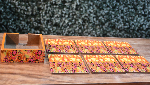 Orange Floral MDF Printed Coaster Set With Holder