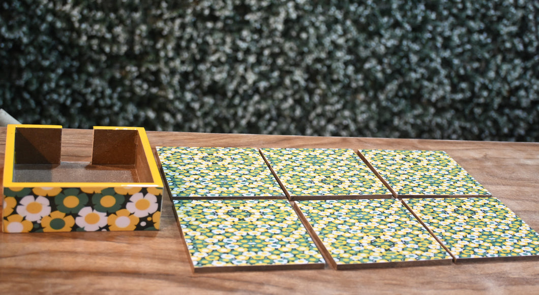Yellow & Green Floral MDF Printed Coaster Set With Holder