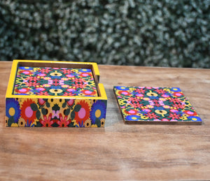 Floral Multicolor MDF Printed Coaster Set With Holder