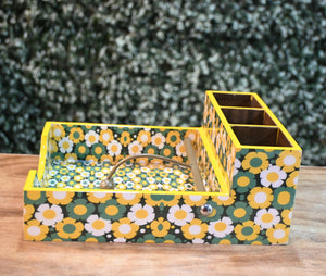 Yellow & Green Floral MDF Printed Cutlery & Tissue Holder Tray