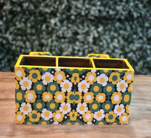 Yellow & Green Floral MDF Printed Cutlery & Tissue Holder Tray