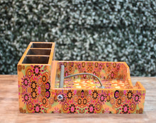 Load image into Gallery viewer, Orange Floral MDF Printed Cutlery &amp; Tissue Holder Tray