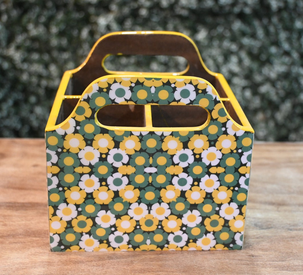 Yellow & Green Floral MDF Printed Cutlery Holder with Handles