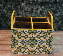 Load image into Gallery viewer, Yellow &amp; Green Floral MDF Printed Cutlery Holder with Handles