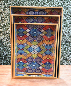 Multicolor Mandala MDF Printed Rectangular Tray (Set of 3)