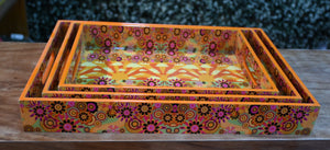 Orange Floral MDF Printed Rectangular Tray (Set of 3)