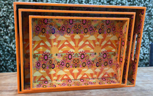 Orange Floral MDF Printed Rectangular Tray (Set of 3)