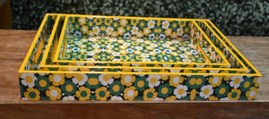 Yellow & Green Floral MDF Printed Rectangular Tray (Set of 3)