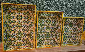 Yellow & Green Floral MDF Printed Rectangular Tray (Set of 3)