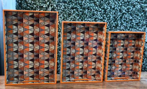 Orange & Black Mandala MDF Printed Rectangular Tray (Set of 3)