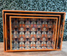 Load image into Gallery viewer, Orange &amp; Black Mandala MDF Printed Rectangular Tray (Set of 3)