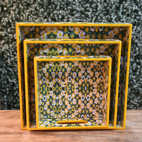 Yellow & Green Floral MDF Printed Square Tray (Set of 3)