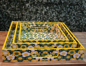 Yellow & Green Floral MDF Printed Square Tray (Set of 3)
