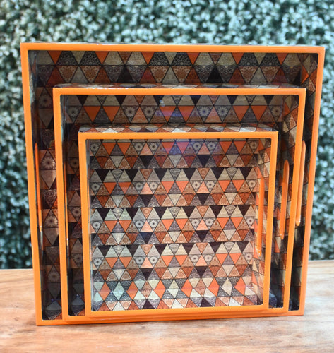 Orange & Black Mandala MDF Printed Square Tray (Set of 3)
