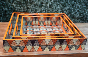 Orange & Black Mandala MDF Printed Square Tray (Set of 3)