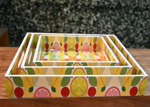 Multicolor Lemon MDF Printed Square Tray (Set of 3)
