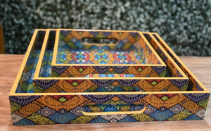 Multicolor Mandala MDF Printed Square Tray (Set of 3)