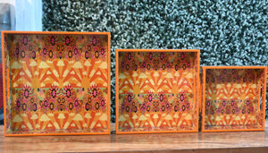 Orange Floral MDF Printed Square Tray (Set of 3)