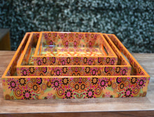 Load image into Gallery viewer, Orange Floral MDF Printed Square Tray (Set of 3)