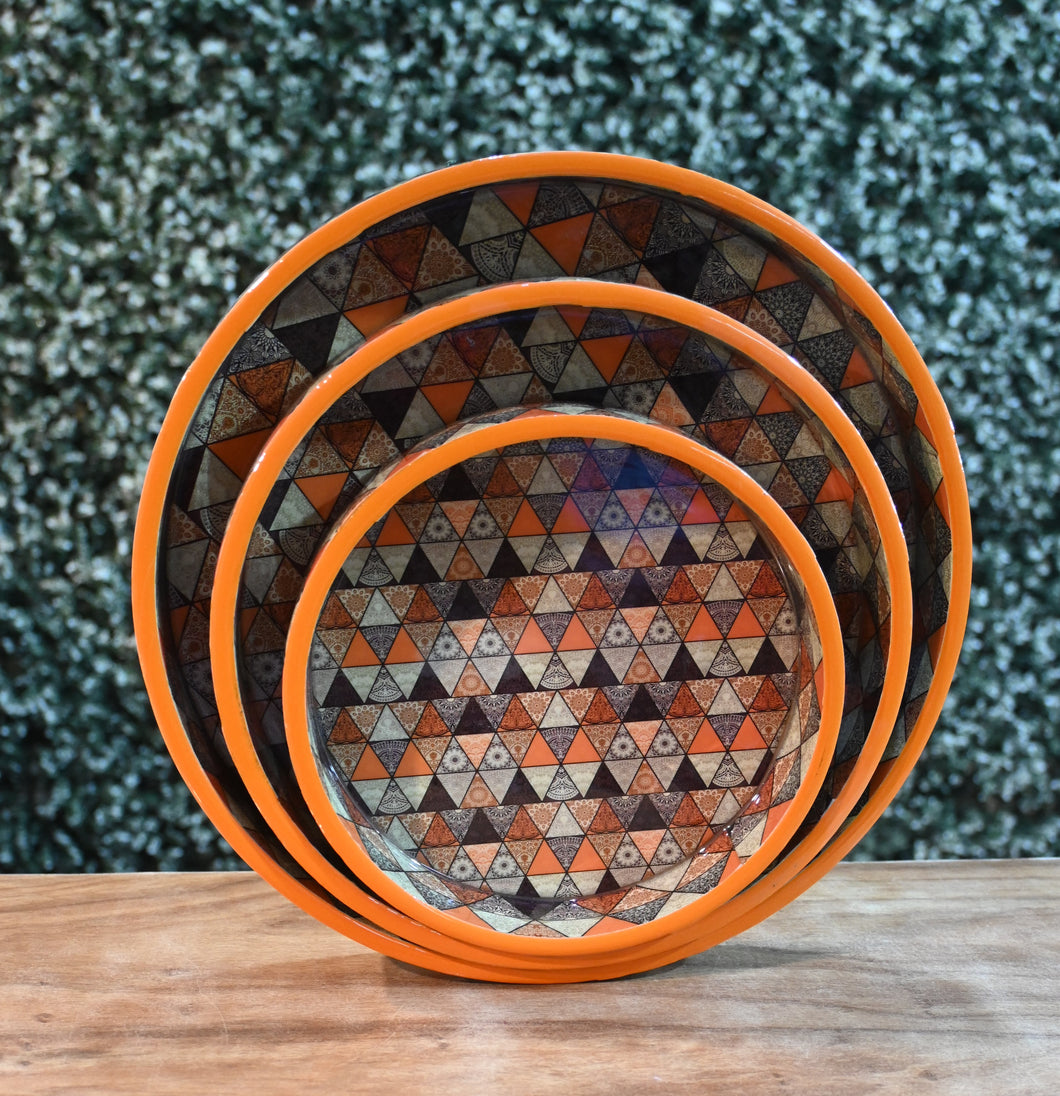 Orange & Black Mandala MDF Printed Round Tray (Set of 3)