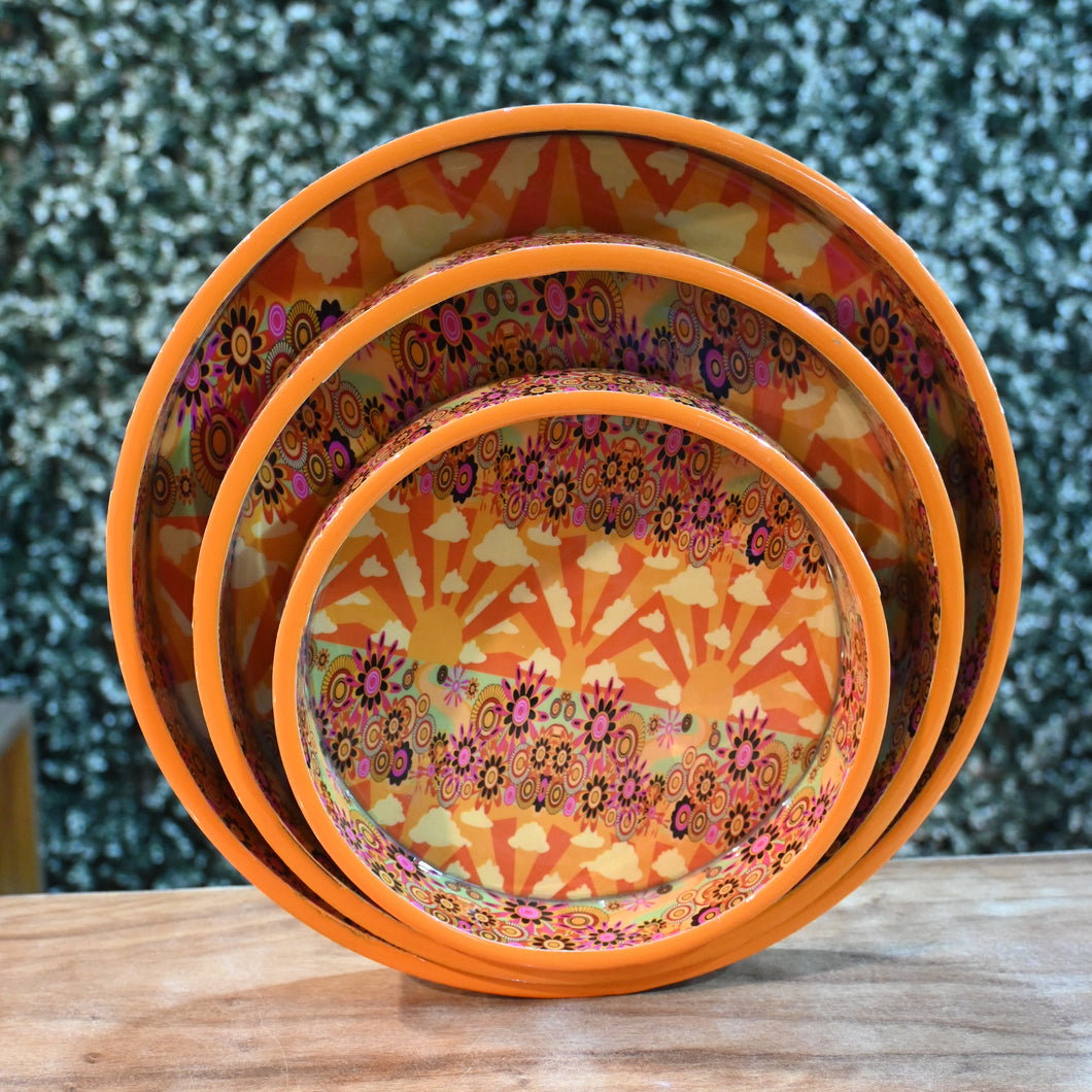 Orange Floral MDF Printed Round Tray (Set of 3)