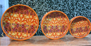 Orange Floral MDF Printed Round Tray (Set of 3)