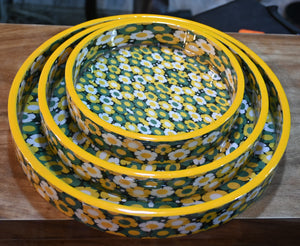 Yellow & Green Floral MDF Printed Round Tray (Set of 3)