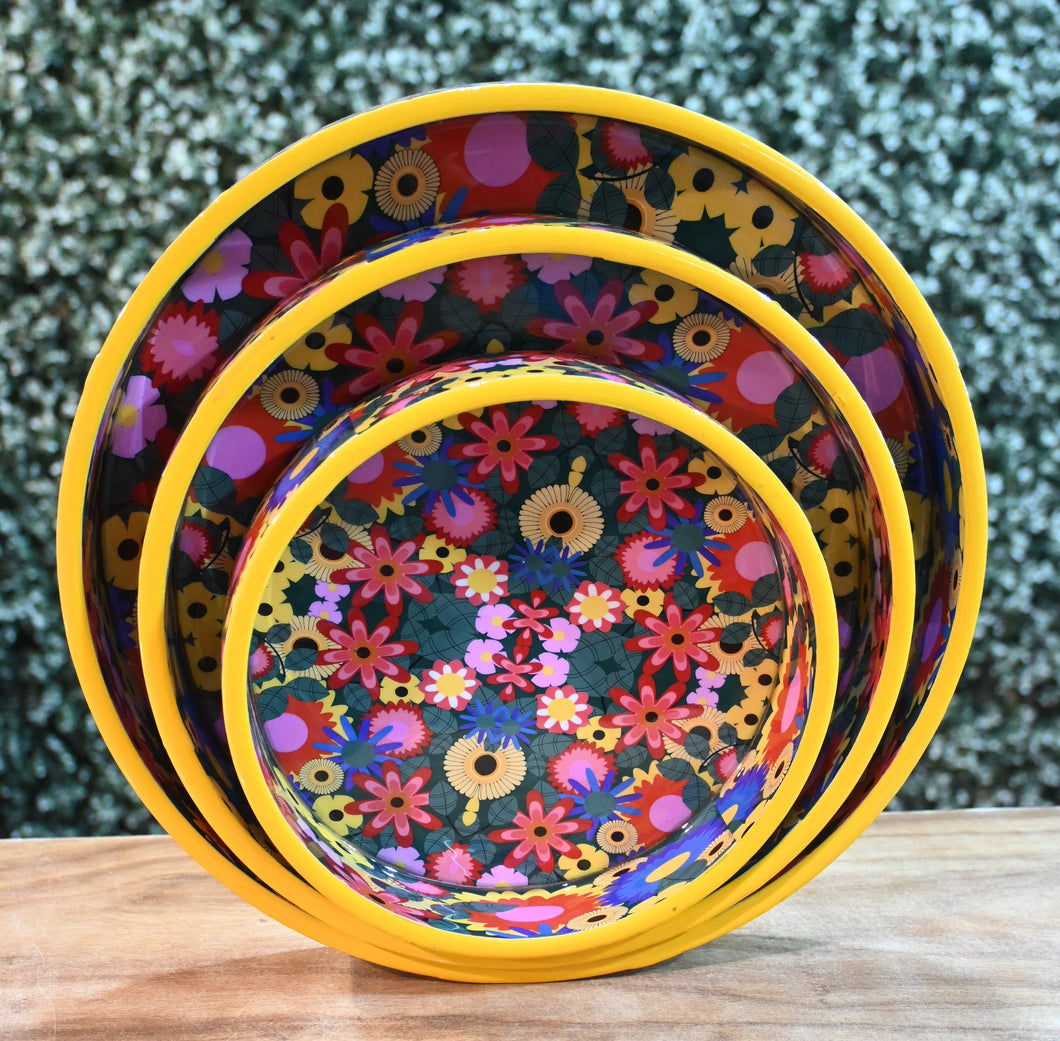 Floral Multicolor MDF Printed Round Tray (Set of 3)